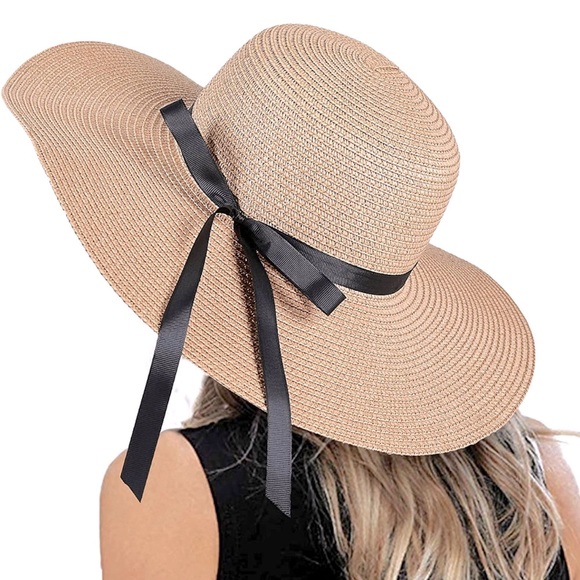 Khaki Floppy Beach Straw Hat, Foldable Wide Brim with Bowknot - Picture 2 of 7